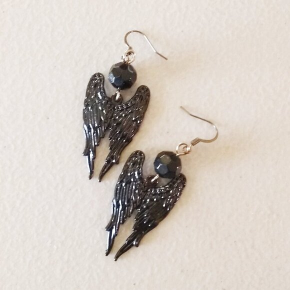 Black Angel Wings - Patina Painted Dangle Earrings - Big Black Wing Earrings - Picture 4 of 8